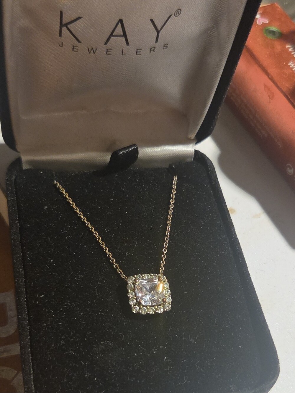 KAY JEWELERS Halo Square Cubic Zirconia Pendant Necklace - 925/MM stamp NEW